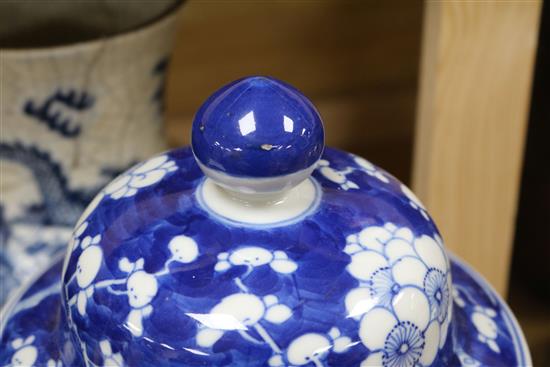 A large 19th century Chinese blue and white vase and cover and a crackle glaze dragon vase tallest 42cm